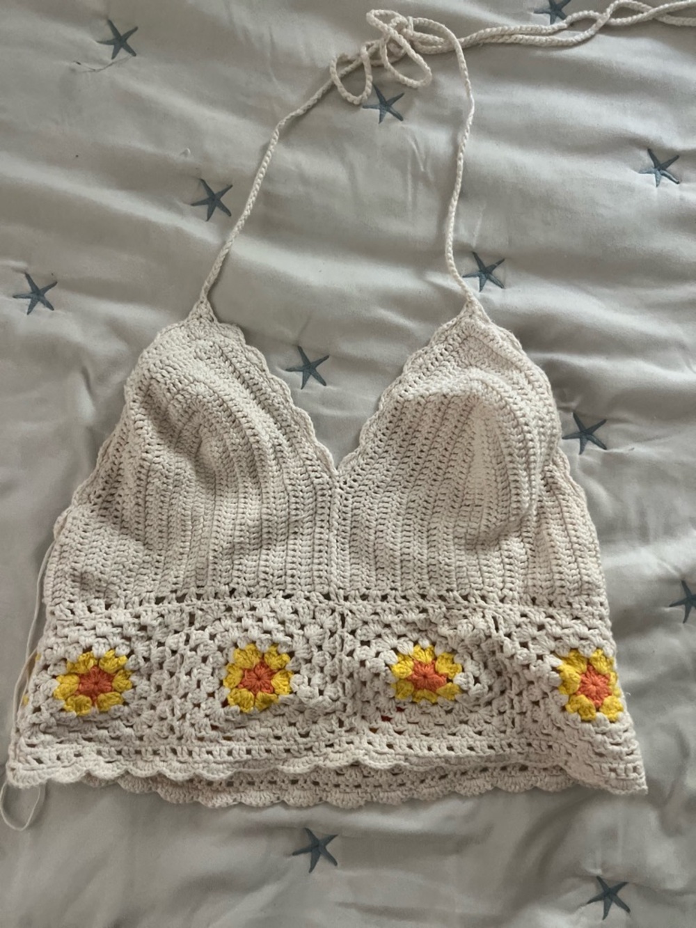 aerie Cream Crochet Halter Camisole with Yellow and Orange Floral Detail